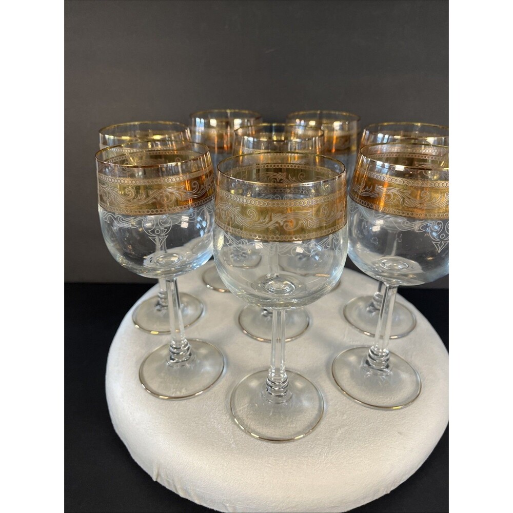Vintage Stolzle Crystal Wine Goblet Glasses Gold Trim and White Band, Set of 8 - Picture 6 of 12